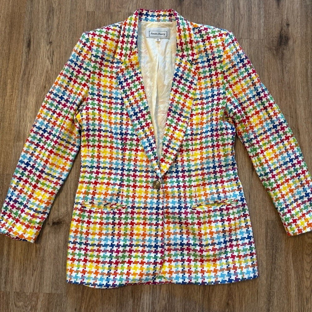 Vintage Blazer Women’s 12 Houndstooth Rainbow Colorful Quirky Preppy Academia
